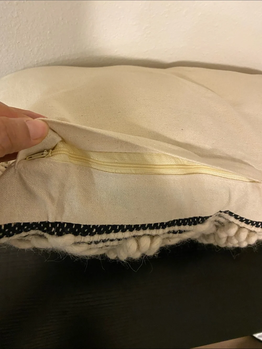 Handwoven Cream and Black Textured Lumbar Pillow